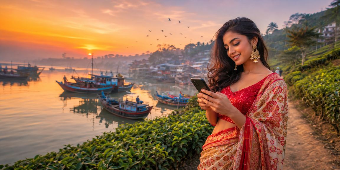 কক্সবাজারে চা বাগানের পরিবেশে মোবাইলে স্পোর্টস বেটিং উপভোগ করছেন একজন ব্যবহারকারী